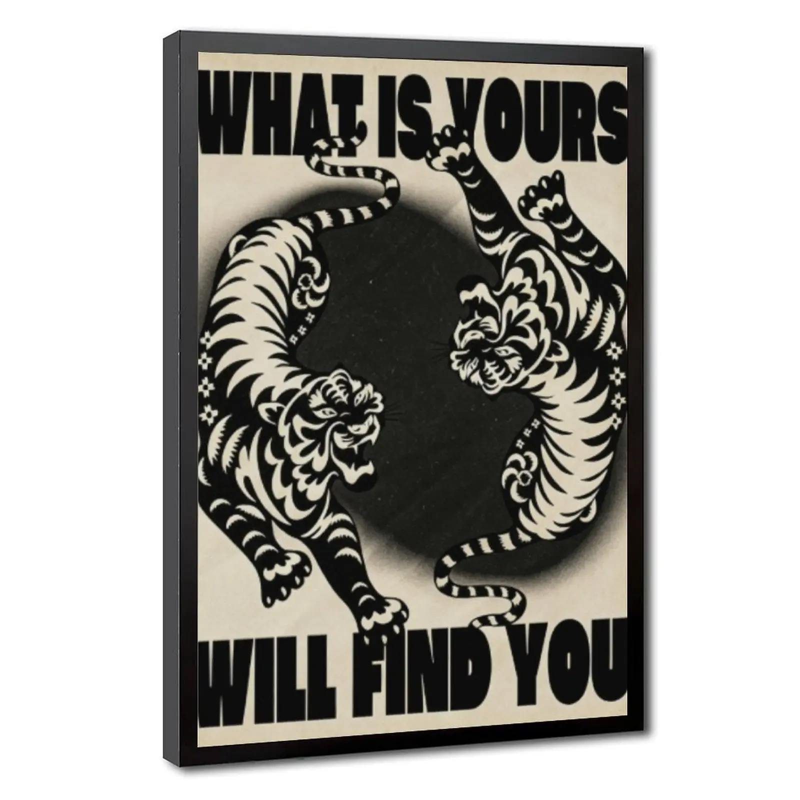 Vintage Yin Yang Twin Tiger Framed Poster, Classic Old School Tattoo Motivational Quote Wall Art Print, What Is Yours Will Find You Dark Grunge Gothic Wall Decor, Trendy Gift For Streetwear Lovers And Dark Aesthetic Bedroom Interior Enthusiasts