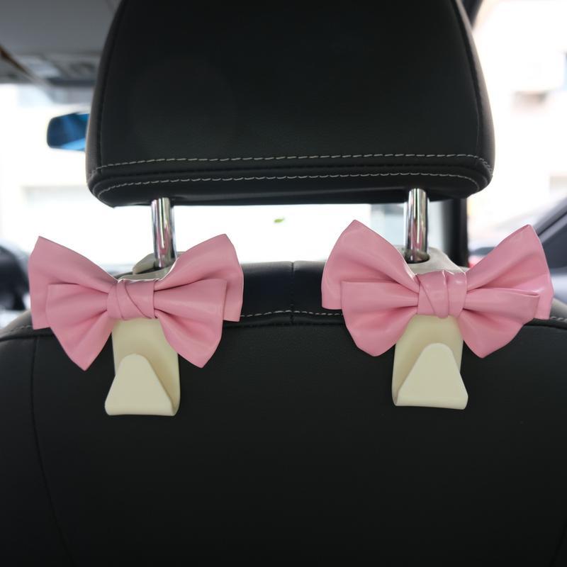 Cute Bowknot Car Seat Back Hooks 2Pcs, Premium Leather Dual Capacity Car Storage Hooks, Easy Install Interior Car Accessories Must Have,Cute Car Accessories for Women