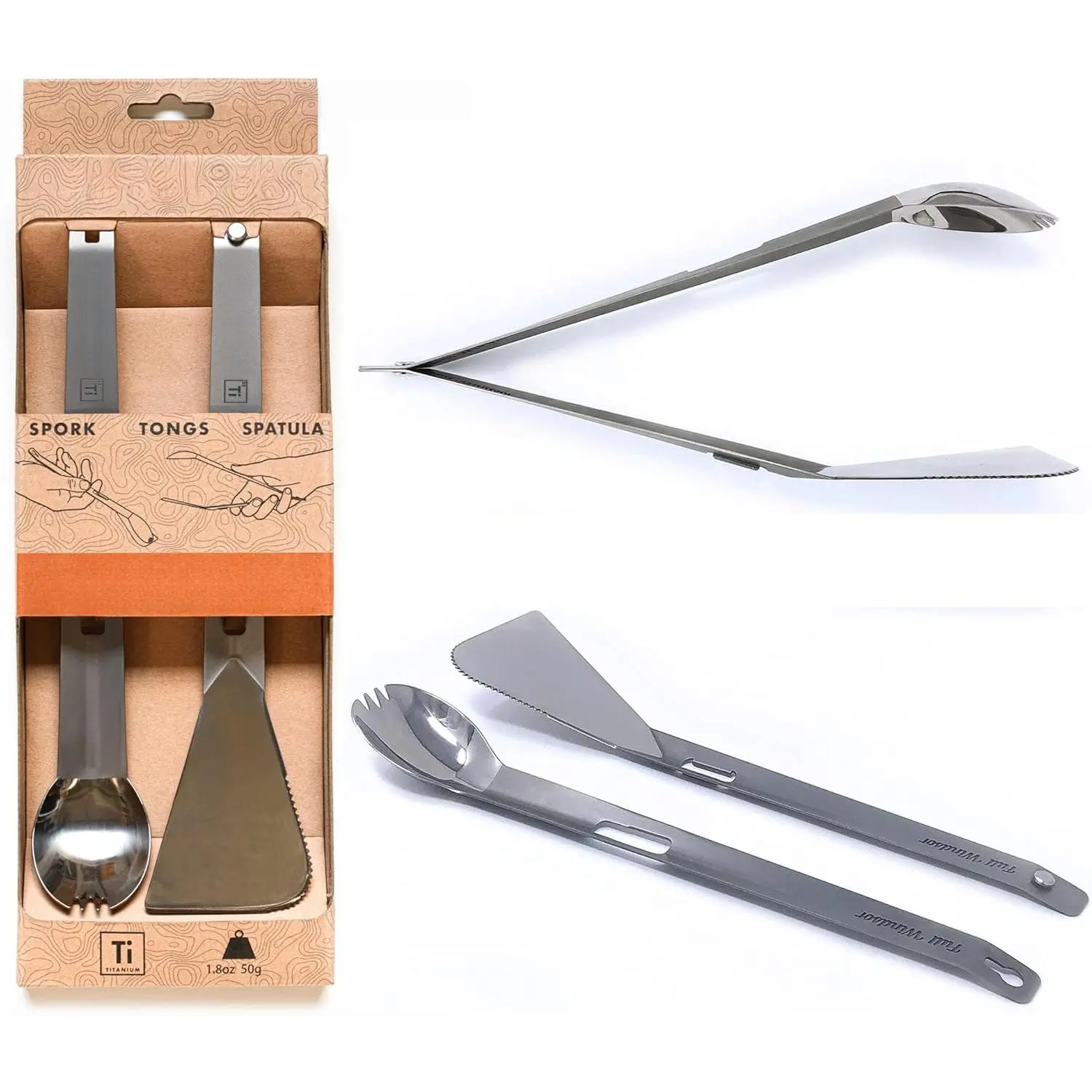 Baby & Maternity Multi-Tool Set - Splitter Titanium Compact Lightweight Silver Spork, Tongs, Spatula, Ladle Durable Cooking Kit for Camping, Backpacking