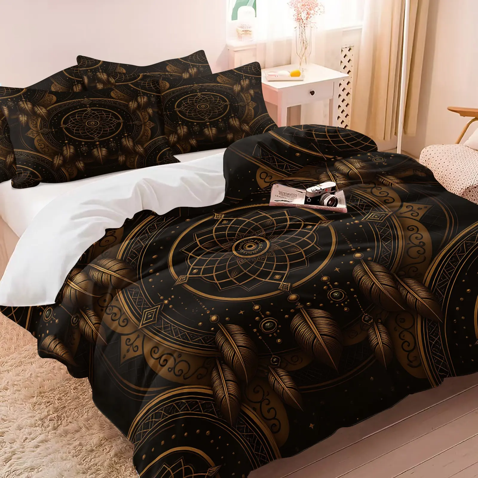 Black Gold Mandala Dreamcatcher Print Comforter Set, Includes 1-2 Pillowcases, Bohemian Feather Geometric Star Bedding, Soft Anti-Fade Fabric, Dark Aesthetic Bedroom, Mystic Dark Aesthetic Bedroom Decor, Spiritual Lover Gift