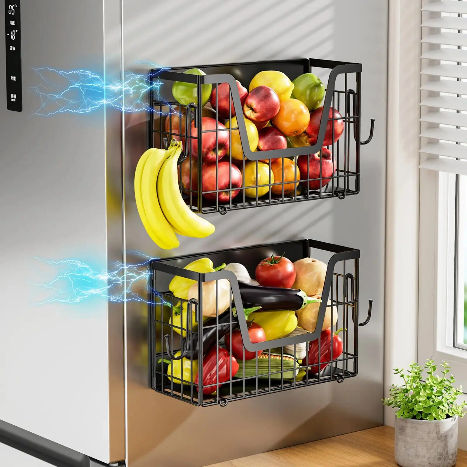 【Holiday Deals】Magnetic Shelf for Fridge Spice Rack Organizer Strong Magnetic Fruit Basket for Refrigerator Laundry Organizer Spice Snacks Magnet Fridge Shelf-1PC&2PCS