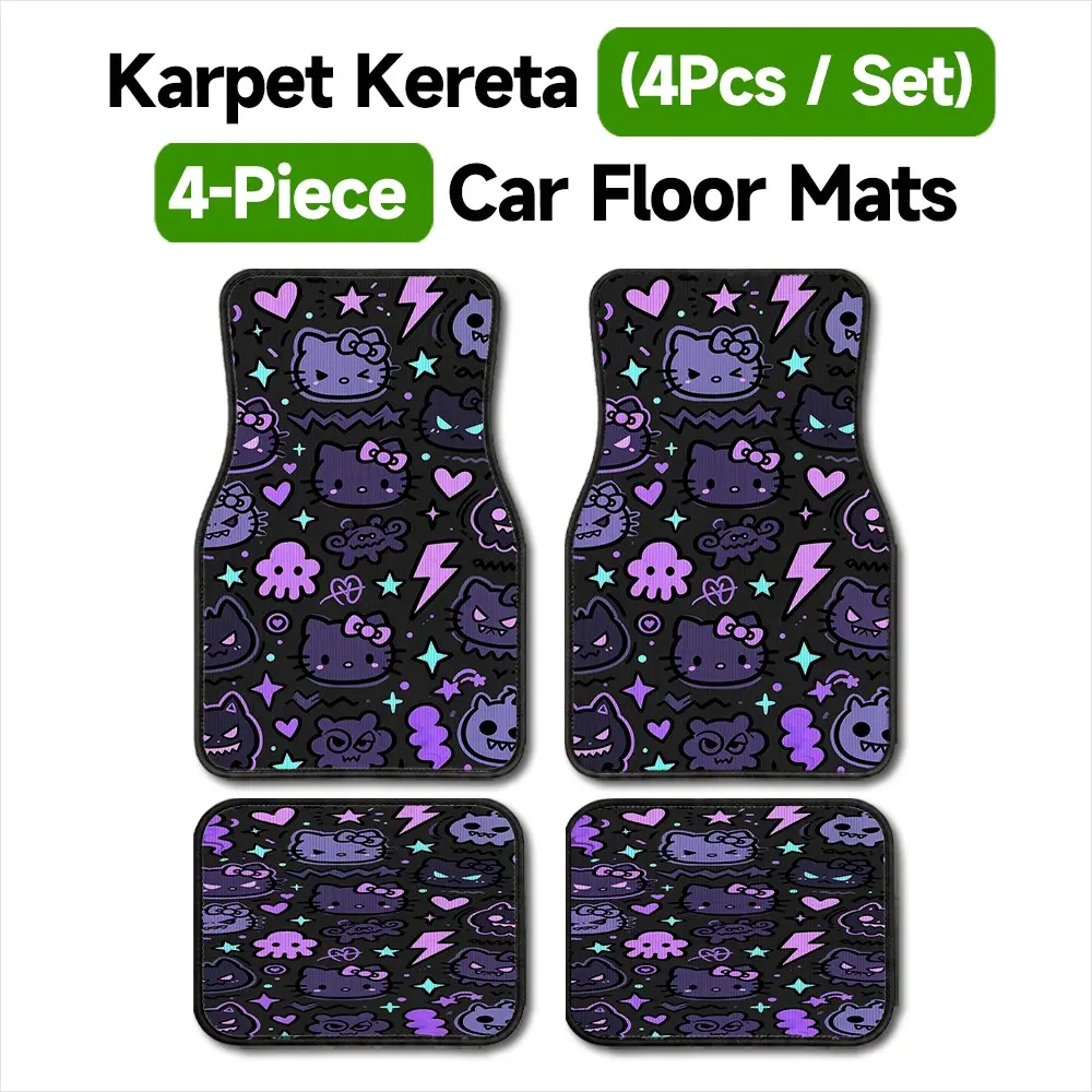 4Pcs/Set Universal Car Floor Mats, Dark Purple Teal Kitty Monster Pattern, Anti-Slip & Dustproof Car Mats, Edgy Kawaii Car Interior Decor, Perfect Gift for Sanrio & Punk Style Fans