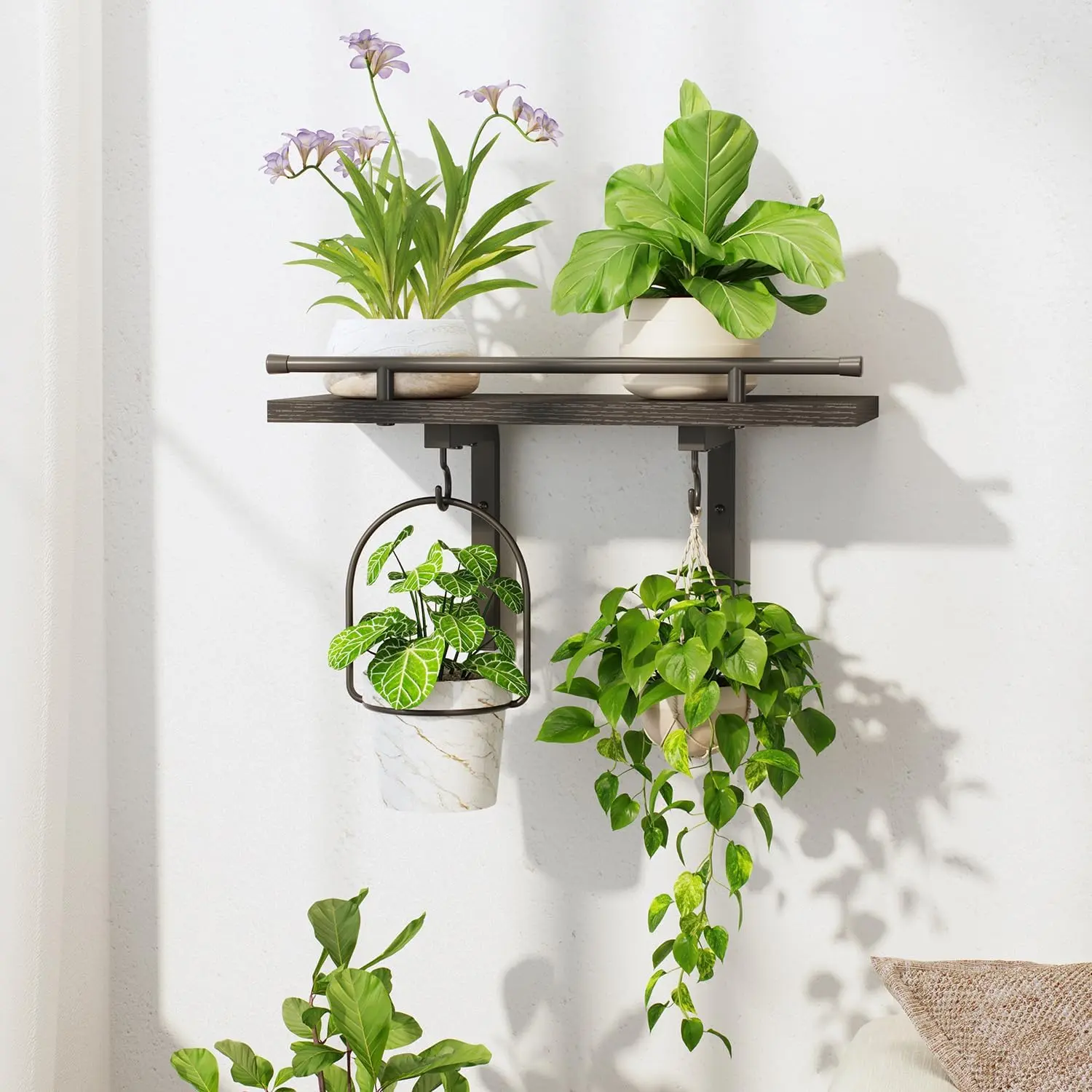 Wall Mount Floating Plant Shelves Black, Indoor Wall Plant Hanger Display Holder