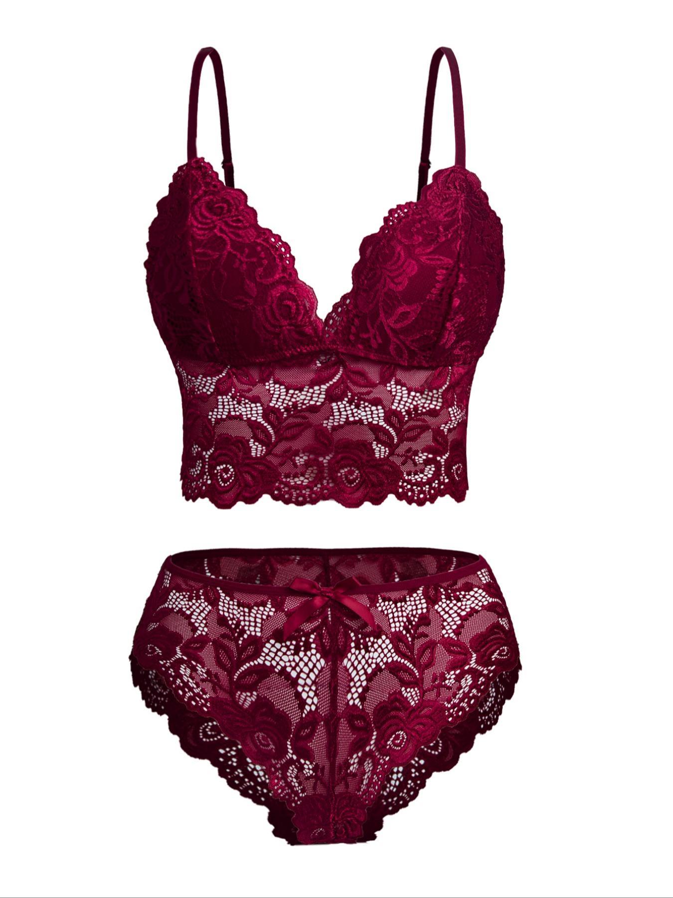 Two-Piece Set Women's Floral Lace Bra & Bow Decor Panty, Sexy Comfortable Breathable Everyday Medium Lingerie Set for Daily Wear, Underwear Set for Women Womenswear Bra Sets