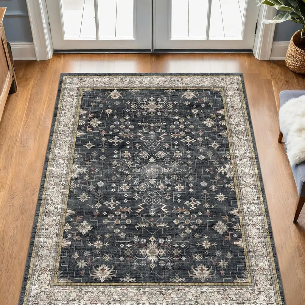 Large 3x5 Entryway Rug Indoor - Washable Non-Slip Low Pile Soft Area Rug for Large, Bedroom Bedside, Mudroom - Distressed Boho Geometric Decor, Ashen/Multi