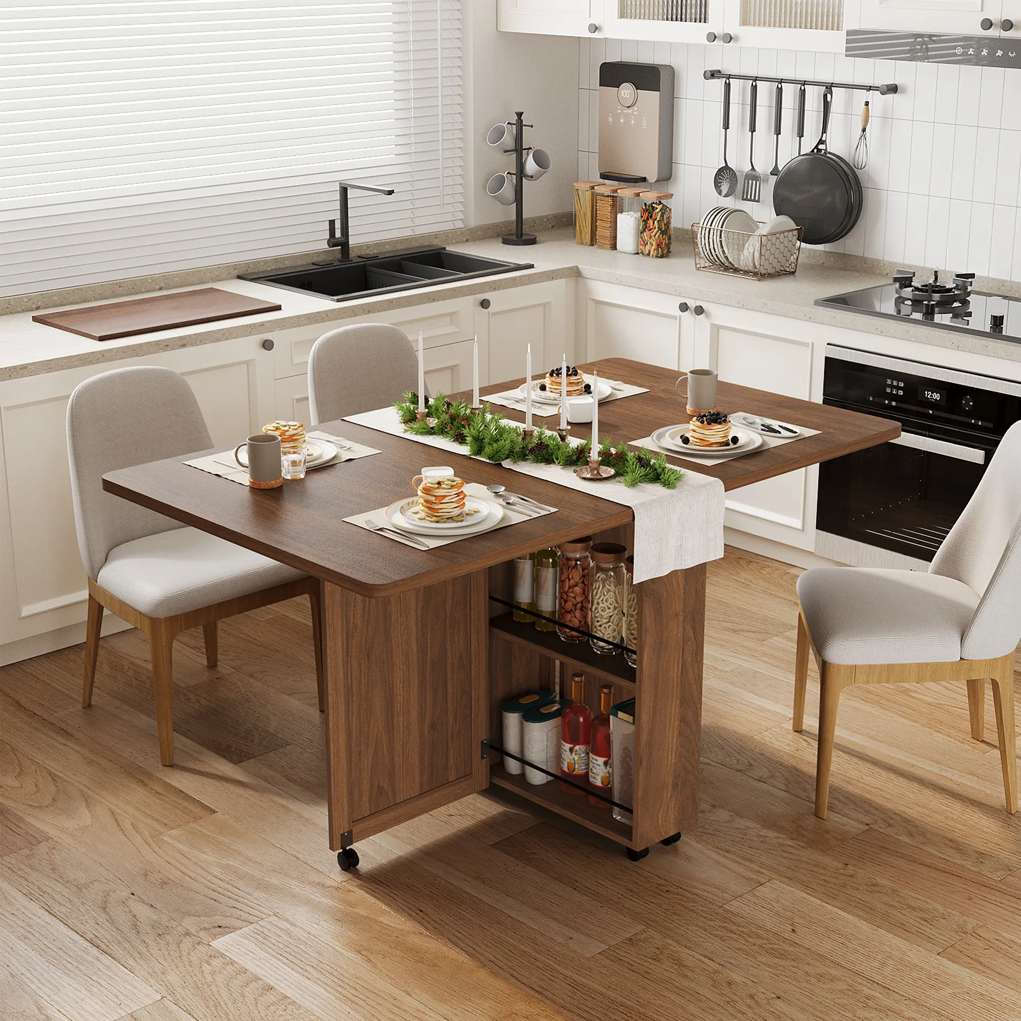Drop Leaf Folding Dining Table with Storage, Rolling Kitchen Table on Wheels with Locking Casters, Drawer, Shelves and Wine Rack, 3-in-1 Space-Saving Table for Small Apartments, Dining Room, Home Office and Kitchen