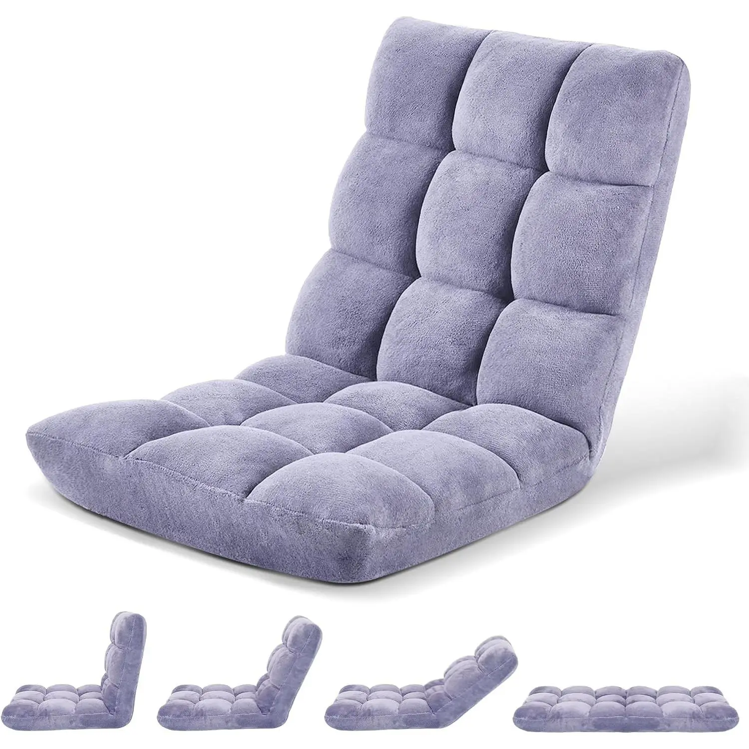 Foldable Cushioned Armless Floor Chair with Back Support, 14 Adjustable Positions, Light Grey - Japanese Meditation Seating, Gaming Recliner for Adults, Living Room