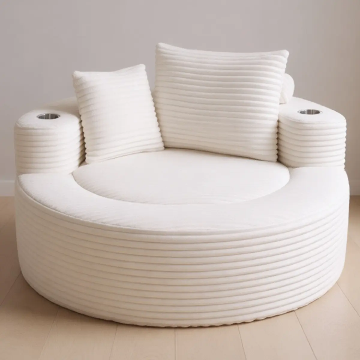 55.5" Oversized Round Chair Lounge Chaise Indoor, Upholstered Corduroy Deep Seat Single Cloud Sofa Chair with Cup Holder, Modern Large Circle Boneless Sleeper Sofa for Living Room, White