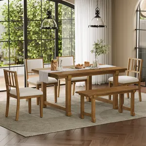 ARCH TREXM 6-Piece Farmhouse Dining Set for 6, Kitchen & Dining Room Furniture with Solid Wood Legs and Frame, Ergonomic Dual-Style Chairs, Walnut+Beige, Ideal for Family Meals, Dining Table and Chairs Set, Dining Room Chairs for Kitchen