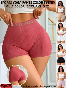 5pCS Internet-famous Versatile Letter High-waisted Women's Boy Shorts, Tight Sports Underwear, Tummy Control & Body Shaping, Breathable, Quick-drying, No Rolling Edges, Lounge, Running, Fitness, Yoga & Outerwear Shorts