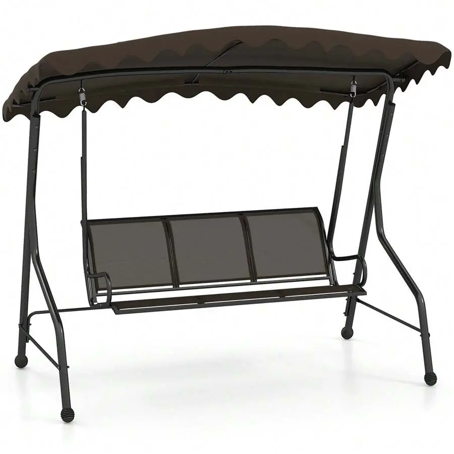 3-Seat Outdoor Swing Porch Canopy Swing W/ Adjustable Shading Breathable Seat
