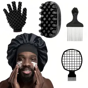 5PCS Satin Bonnet Freeform Twist Hair Styling Set for Natural Hair, Sleep Cap with Twist Sponge Glove, Curl Sponge, Steel Pick Comb & Twist Racket Comb for Dreadlocks, Locs, Coils, Afro Curls