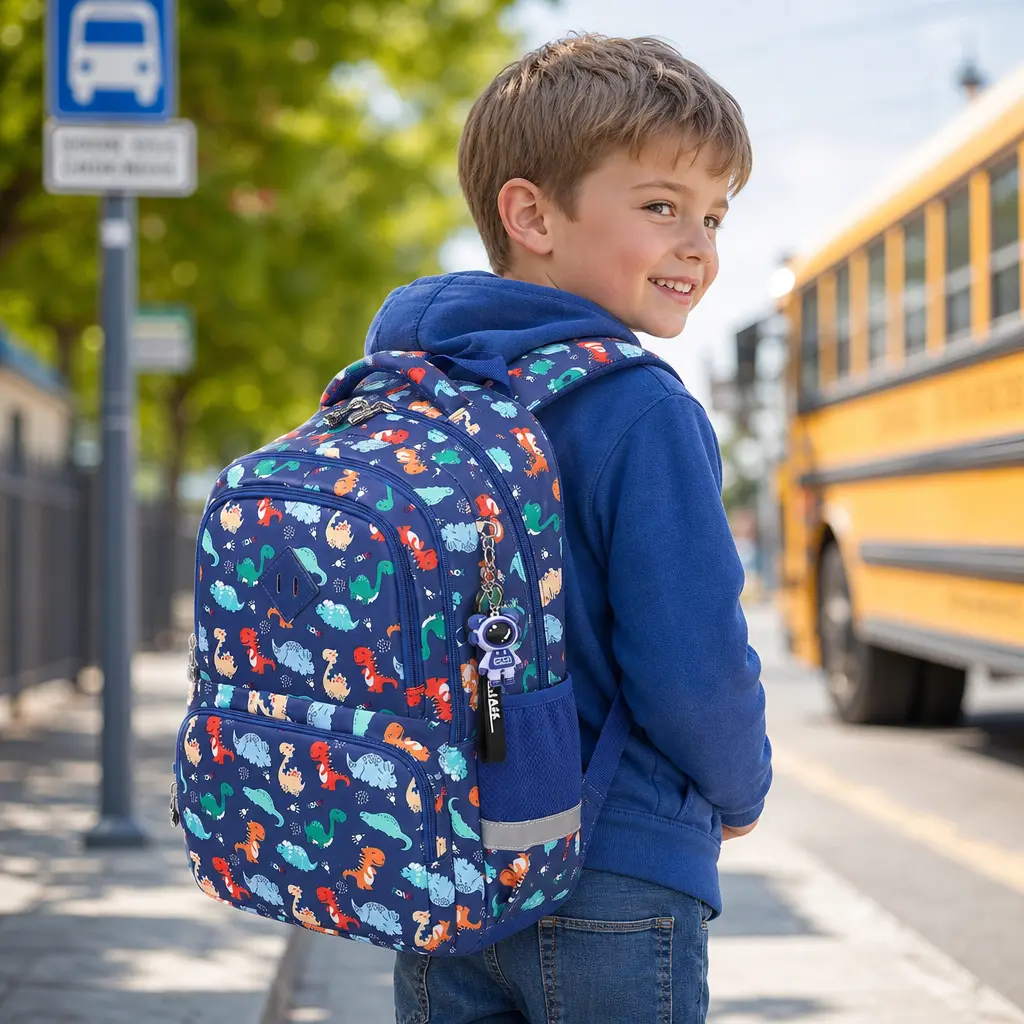 Boys' Dinosaur Animal Print Kindergarten Student Backpack, Waterproof School Supplies Daypack with Large Capacity, Removable Charm, Splash-Proof Daily Use Bag
