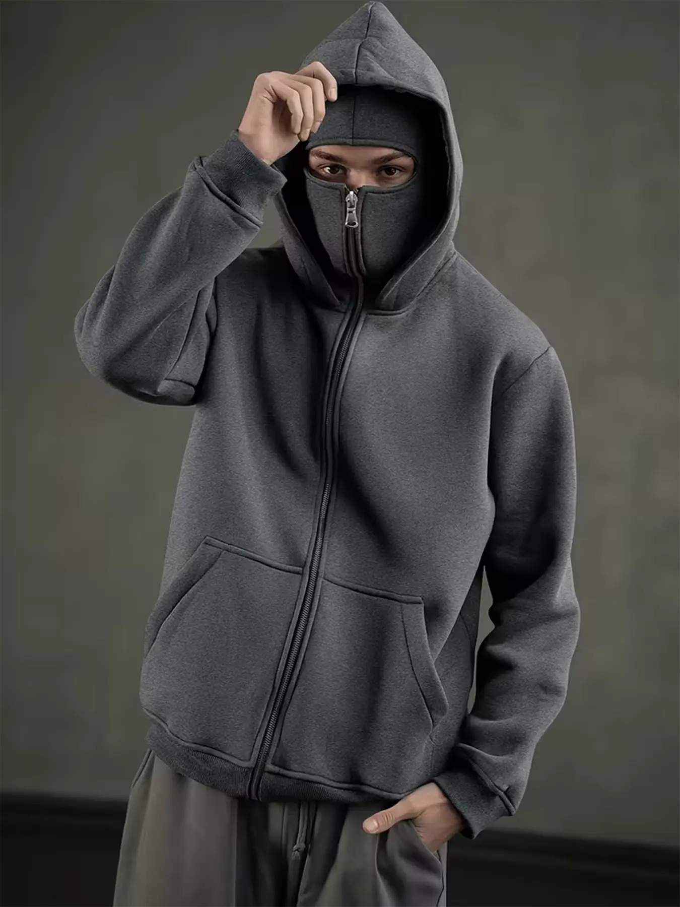 Men Women Dark Techwear Streetwear Oversized Zip Up Hoodie Heavy Thick Fleece Solid Dark Heather Grey Integrated Balaclava Full Face Mask With Drop Shoulder Kangaroo Pocket Loose Sweat Jacket For Street Skate Winter Daily Wear 2026 Trendy #balaclavaziph