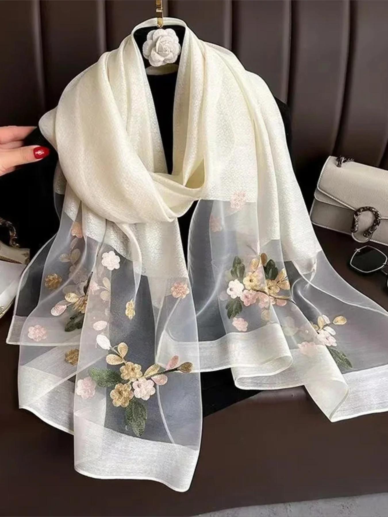 Floral Embroidery Scarf, Fashionable Soft Comfortable Shawl for Women & Girls, Casual Versatile Scarf for Daily Wear