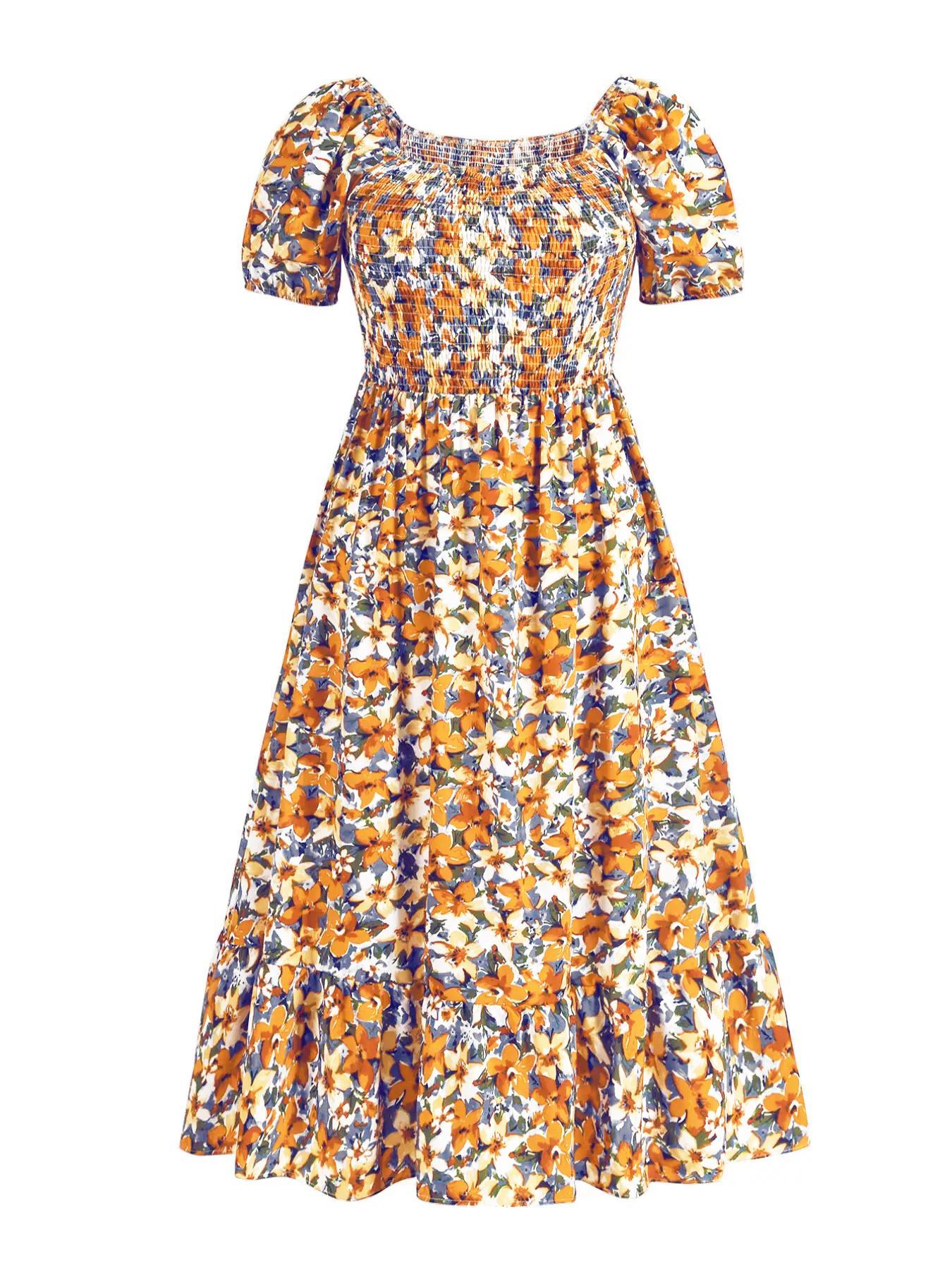 【Plus Size】 Frenchy Style Ditsy Floral Print Puff Sleeve A Line Maxi Dress, Square Neck Shirred Dress, Dresses for Women, Women's Clothes for Summer, Casual Wear