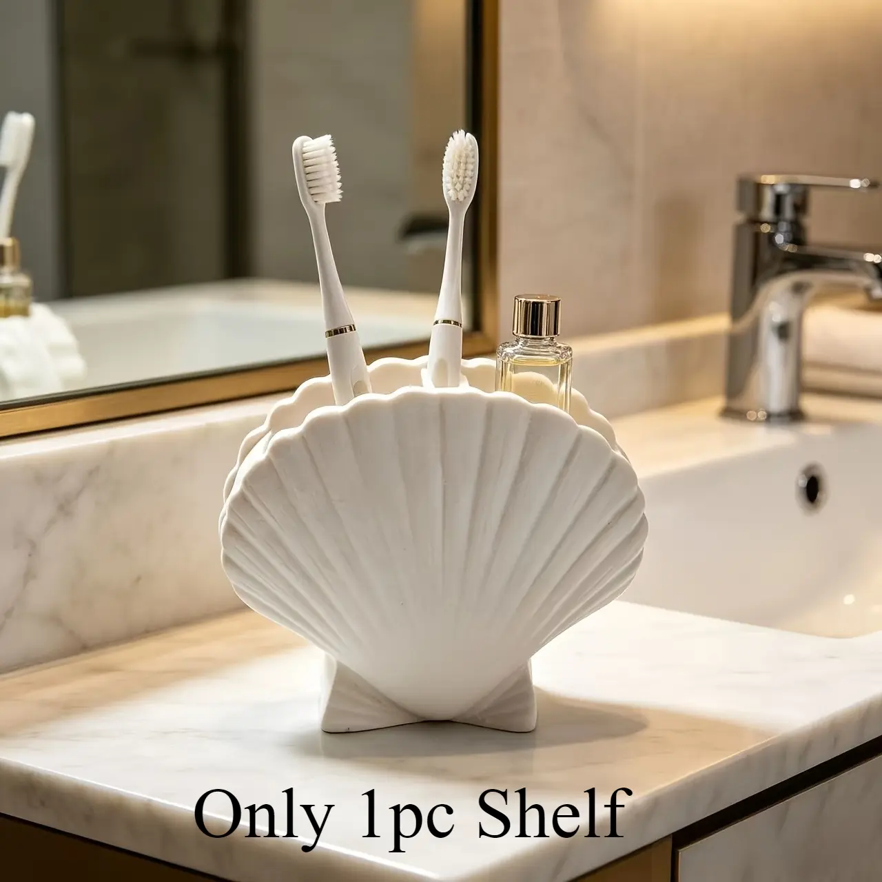 Seashell-shaped resin toothbrush holder, creative countertop bathroom organizer, toothpaste and toothbrush stand, aesthetic coastal-style bathroom accessory, Countertop Toothbrush Holders