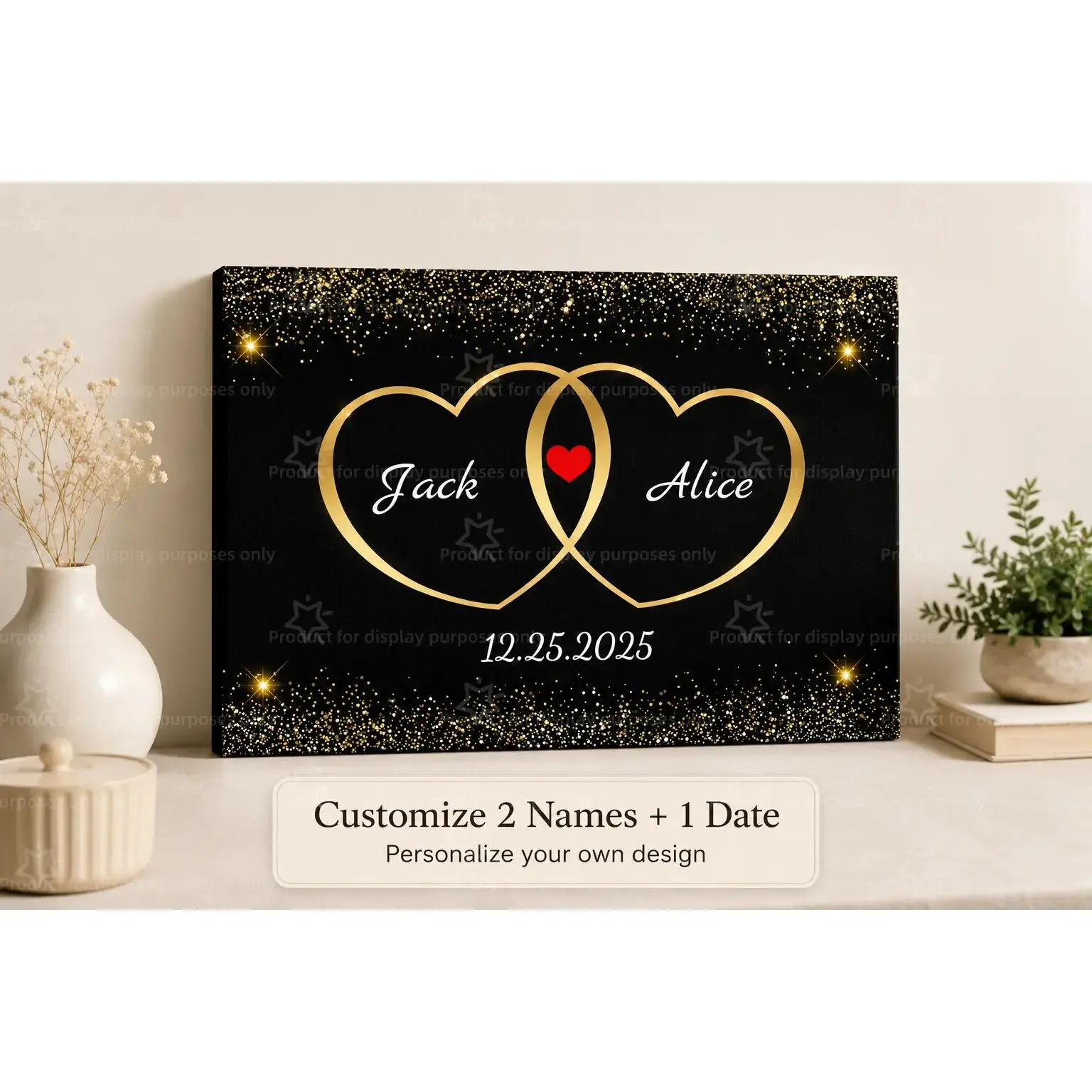 Custom Black Glitter Interlocking Golden Hearts Couple Canvas Wall Decor Poster, Personalized Two Names & Anniversary Date Print, Wall Art for Bedroom Living Room Apartment, Decor Poster Print, Available as Unframed Canvas Poster or Framed Canvas Wrap