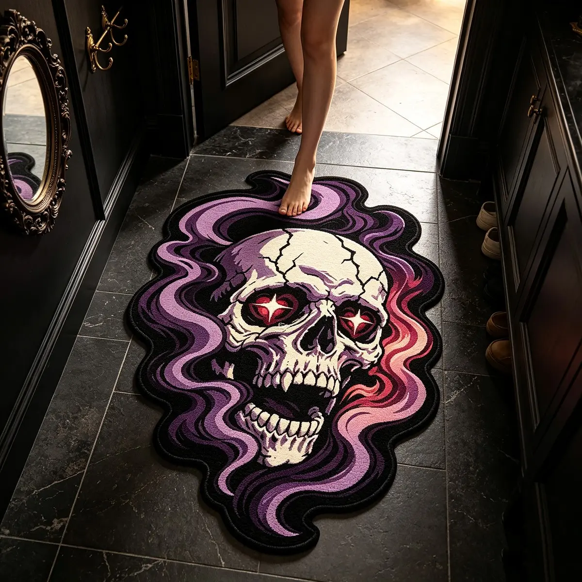 Halloween Gothic Smoke Skull Rug, Irregular Shape, Soft Washable, Easy Clean, Street Art Style, Home Decor for Living Room, Bedroom, Office