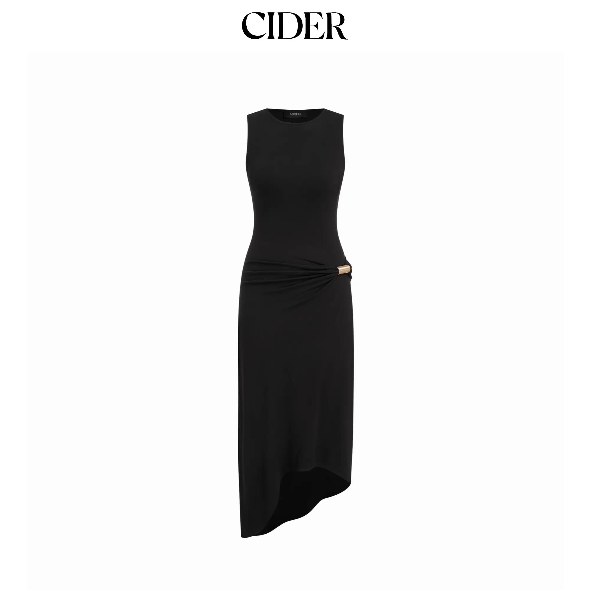 Cider Ruched Metal Detail Asymmetrical Hem Midi Tank Dress