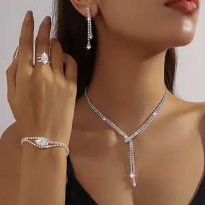 Fashion jewelry set with full diamonds, simple necklace, DDXL0125 earrings, bracelet, four-piece set for wedding dress