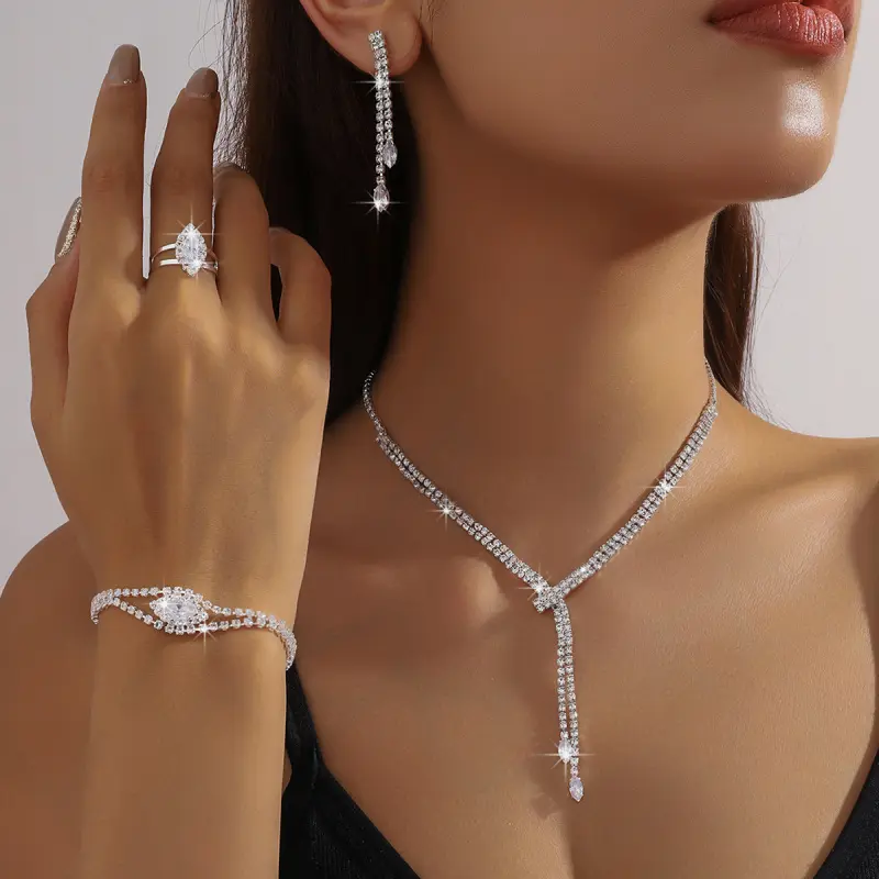 Fashion jewelry set with full diamonds, simple necklace, DDXL0125 earrings, bracelet, four-piece set for wedding dress