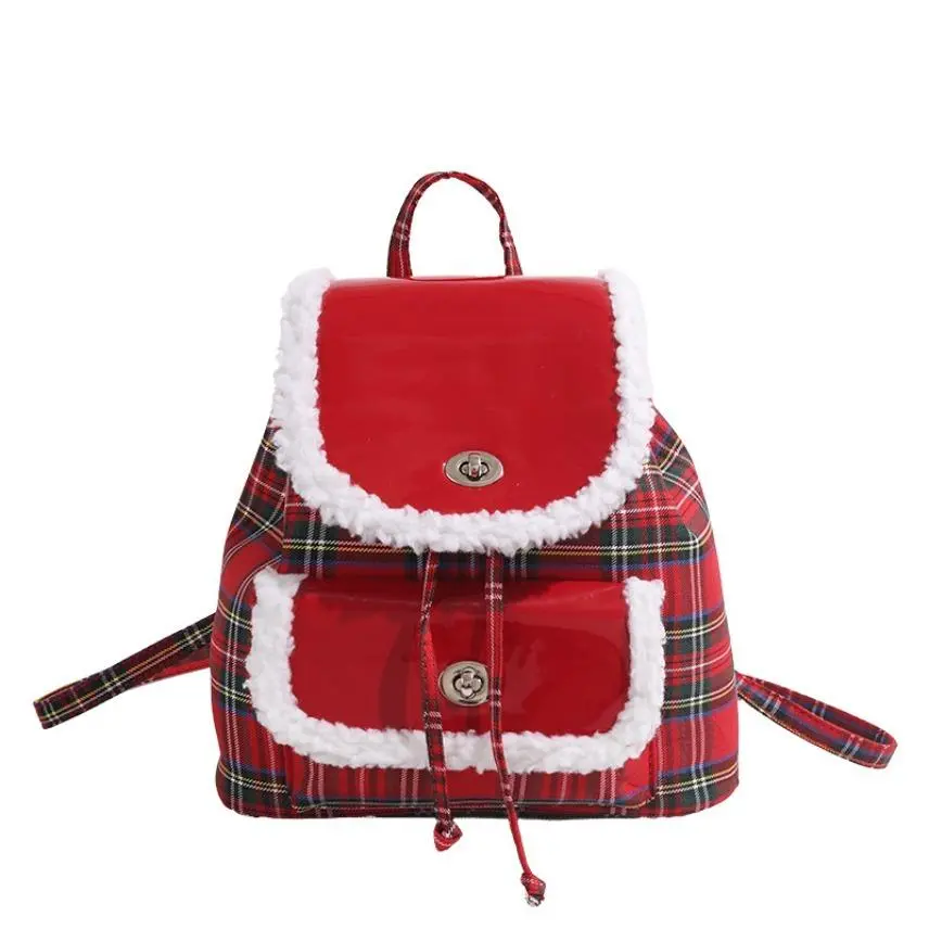 Women's Festive Red Plaid Backpack - Preppy Style with Buckle Closure, Cute Plush Decorations, Fashion Design, Cozy and Cute Touch for Casual Travel