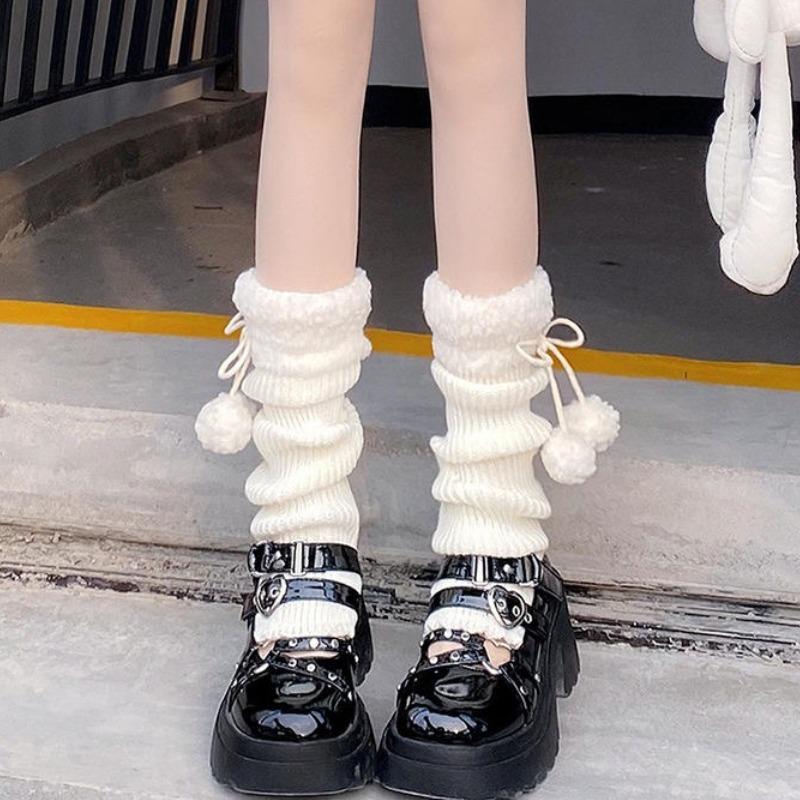 JK Leg Heaters Knitted Lamb Plush Ball Sock Lolita Thickened Winter Warm Socks Foot Cover Woolen Ball Stocking Women Leg Warmers