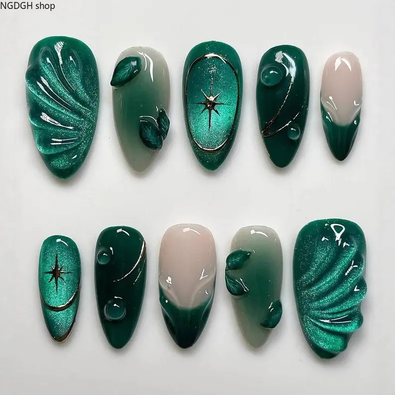 Green Leaf Nails - Press On Emerald Star 3D Fake Nails, Glitter Nature Swirl Long Almond Nail Art for Women Girls Party
