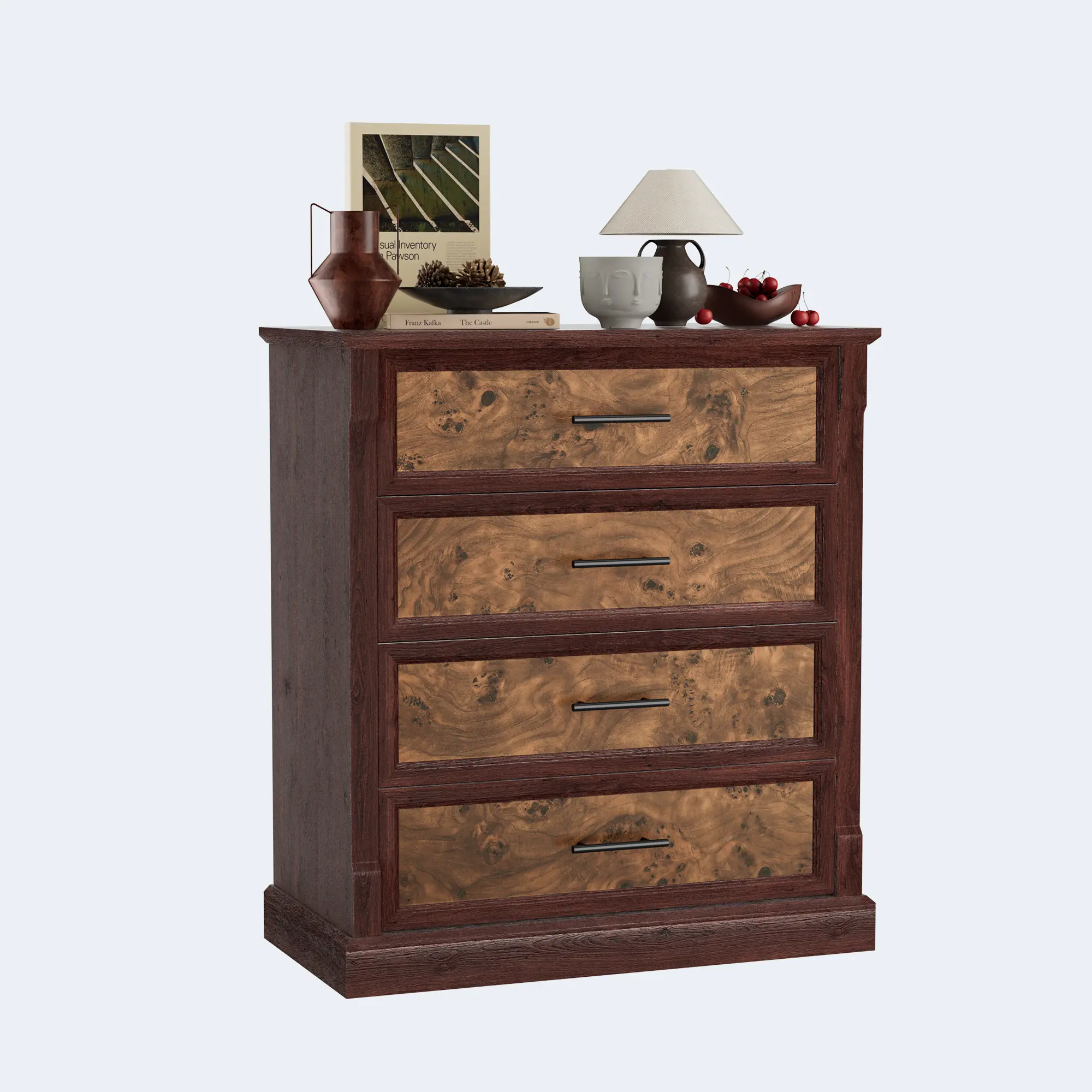 4-Drawer Narrow Engineered Wood Dresser with Metal Handles, Distressed Fronts, Reinforced Base & Wall Anchors - Farmhouse Indoor Storage Cabinet, Bedroom Nightstand