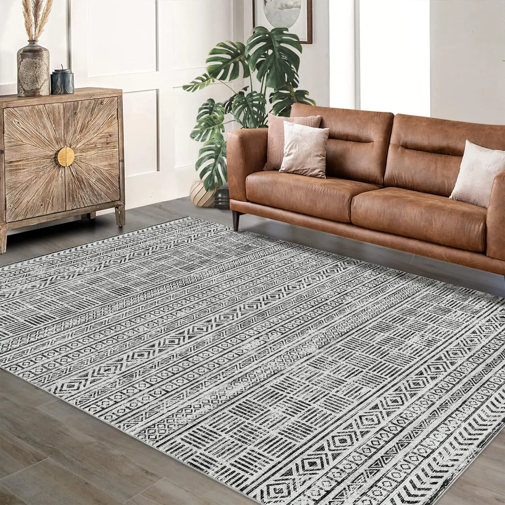 Machine Washable Soft Low-Pile Boho Area Rug – Non-Slip, Mark Resistant Carpet for Living Room, Bedroom, Office – Modern Grey Tribal Design – Indoor Decor – USA Specification