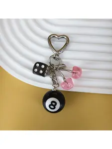 Fashion Pink/ Red/ Black Lucky Dice Cherry Keychain, Charming Size 8 Ball Design Alloy Heart-Shaped Buckle Car Keychain Pendant, Durable And Fashionable Keychain Additions, Aesthetic Additions, Cute Keychains, Suitable for Women And Men to Wear Keys