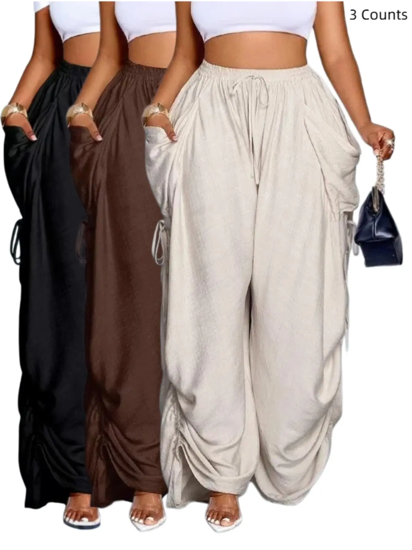 Women 1/3 Piece Vintage Punk High Waist Wide Leg Pants, Loose Drawstring Ruched Casual Long Trousers, Comfortable and Stylish