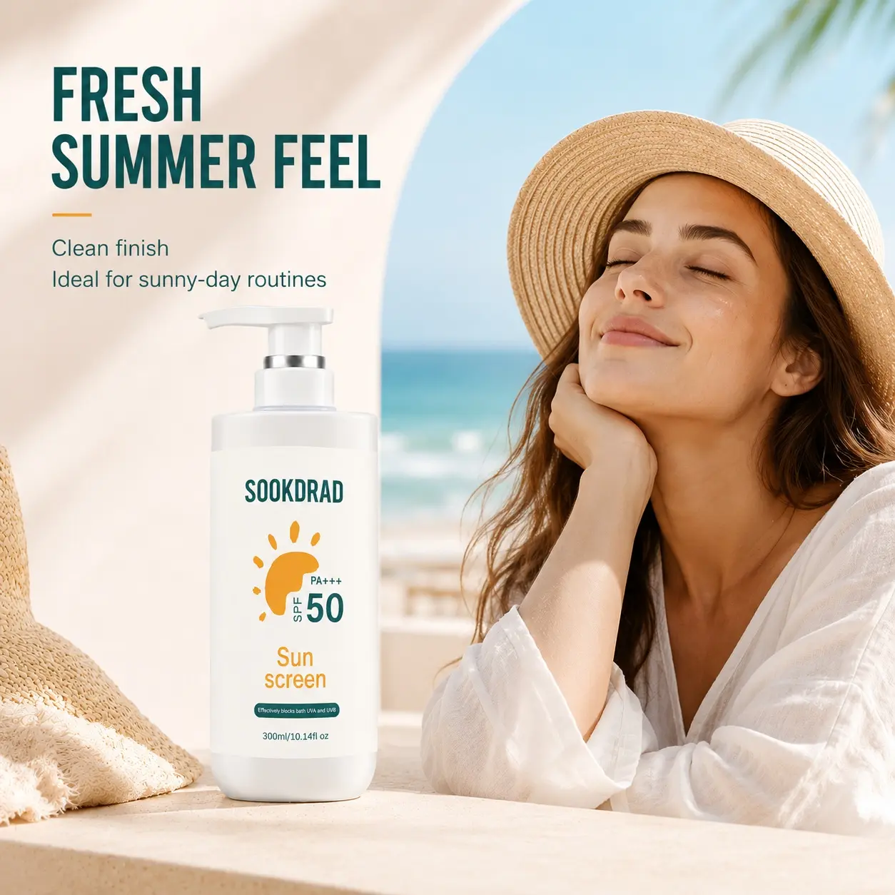 Sunscreen, SPF50, PA+++, effectively blocks UVA and UVB, suitable for all skin types, 300ml/10.14fl oz