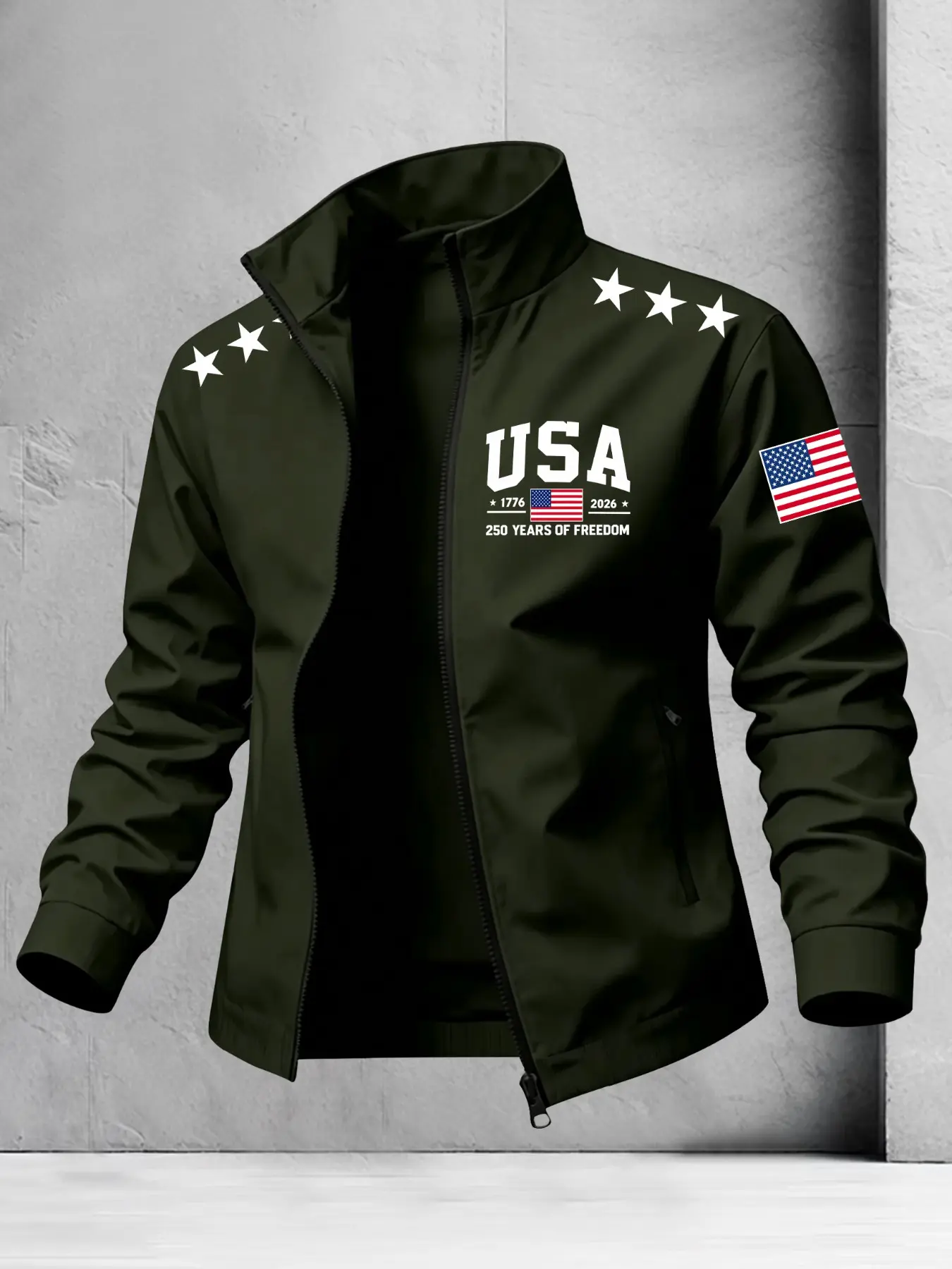 Men's Stand Collar Full Zip Jacket, Patriotic Windproof Athletic Outerwear With American Liberty Anniversary Star Prints On Chest, Shoulder & Sleeves, Ideal For Holiday, Street, Daily & Outdoor Casual Outfits#PatrioticMensJacket#FullZipOuterwear