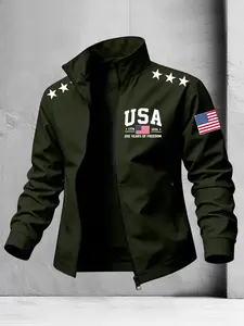 Men's Stand Collar Full Zip Jacket, Patriotic Windproof Athletic Outerwear With American Liberty Anniversary Star Prints On Chest, Shoulder & Sleeves, Ideal For Holiday, Street, Daily & Outdoor Casual Outfits#PatrioticMensJacket#FullZipOuterwear