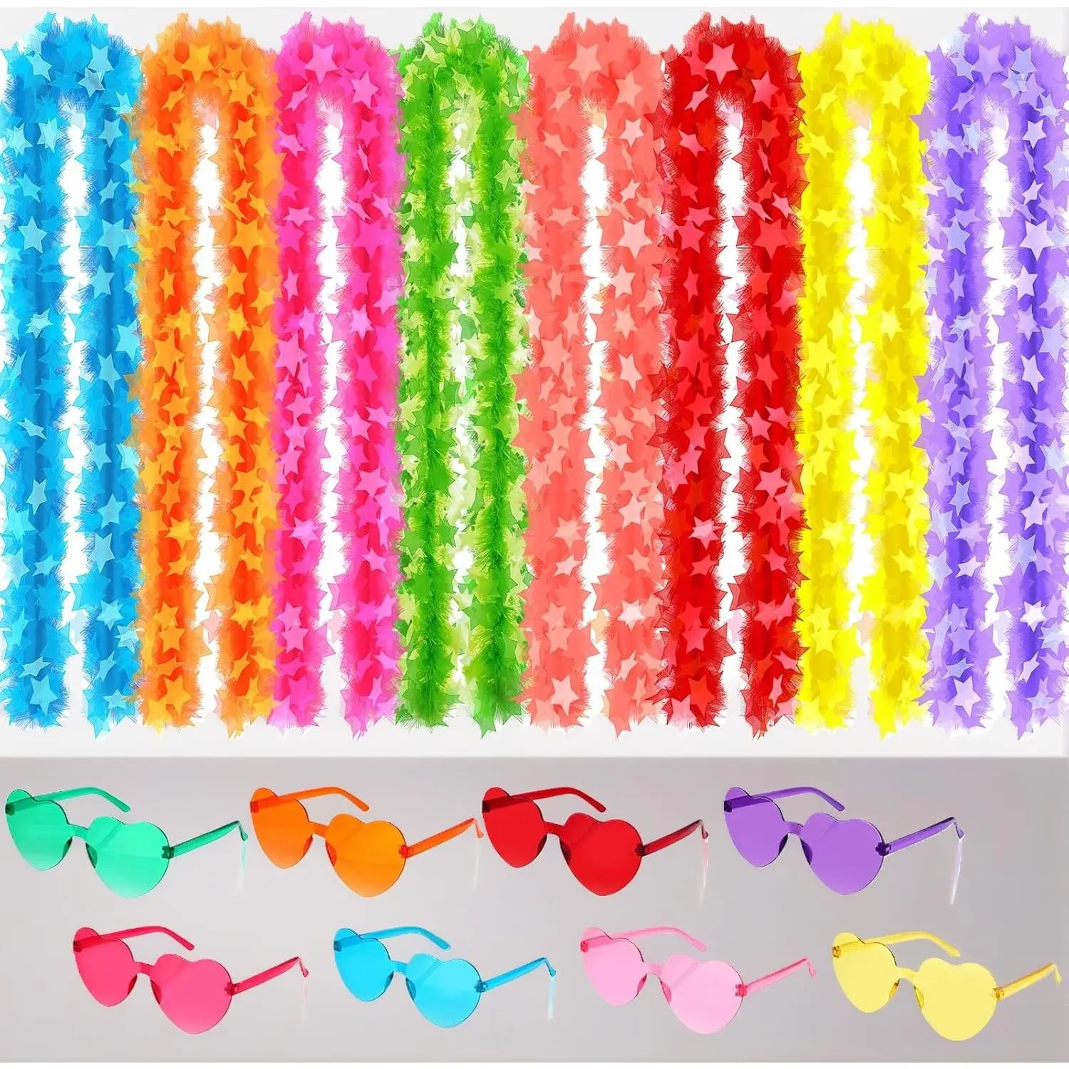 16 PCS Feather Boas Party Pack with 8 PCS Artificial Fluffy Boas and 8 PCS Heart Sunglasses for Wedding Birthday Christmas
