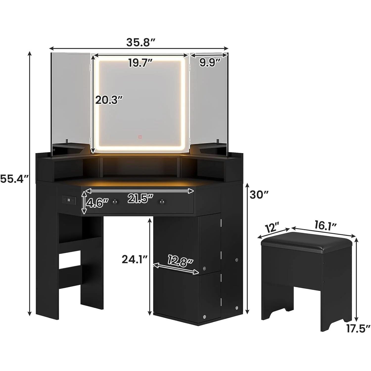 Corner Makeup Vanity with Tri-Fold Mirror and Cushioned Storage Stool Black