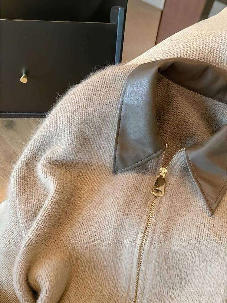 Patchwork Zipper Cropped Cardigan Women 400g Thick Autumn Knitted Sweater Bomber Jacket Vintage 2000s Short Fitted Knitwear Coat