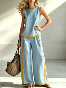 Women's Boho Patchwork Two-Piece Set, Sleeveless Round Neck Vest with Colorblock Hem, Lightweight Breathable Home Office