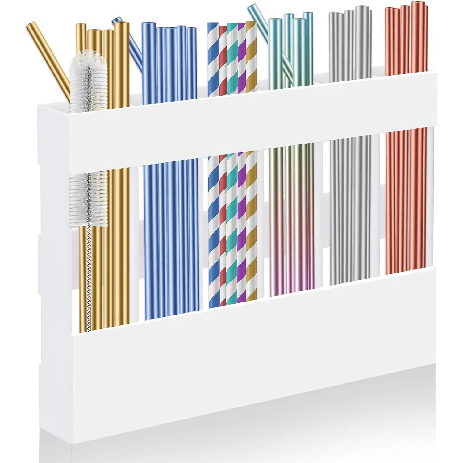 Straw Holder for Cabinet,  Straw Organizer with Double Sided Adhesive Tape Tumbler Straw Storage Container for Cupboard Drinking Straw Dispenser for Kitchen Counter (White)