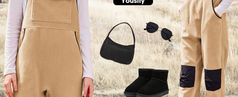 Yousify Women's Army Green Fleece Warm Overalls Winter Casual Jumpsuits with Pockets Ski Bibs Snow Pants S-2XL Basic Fitted Minimalist Sleeveless Strap Strappy Womenswear