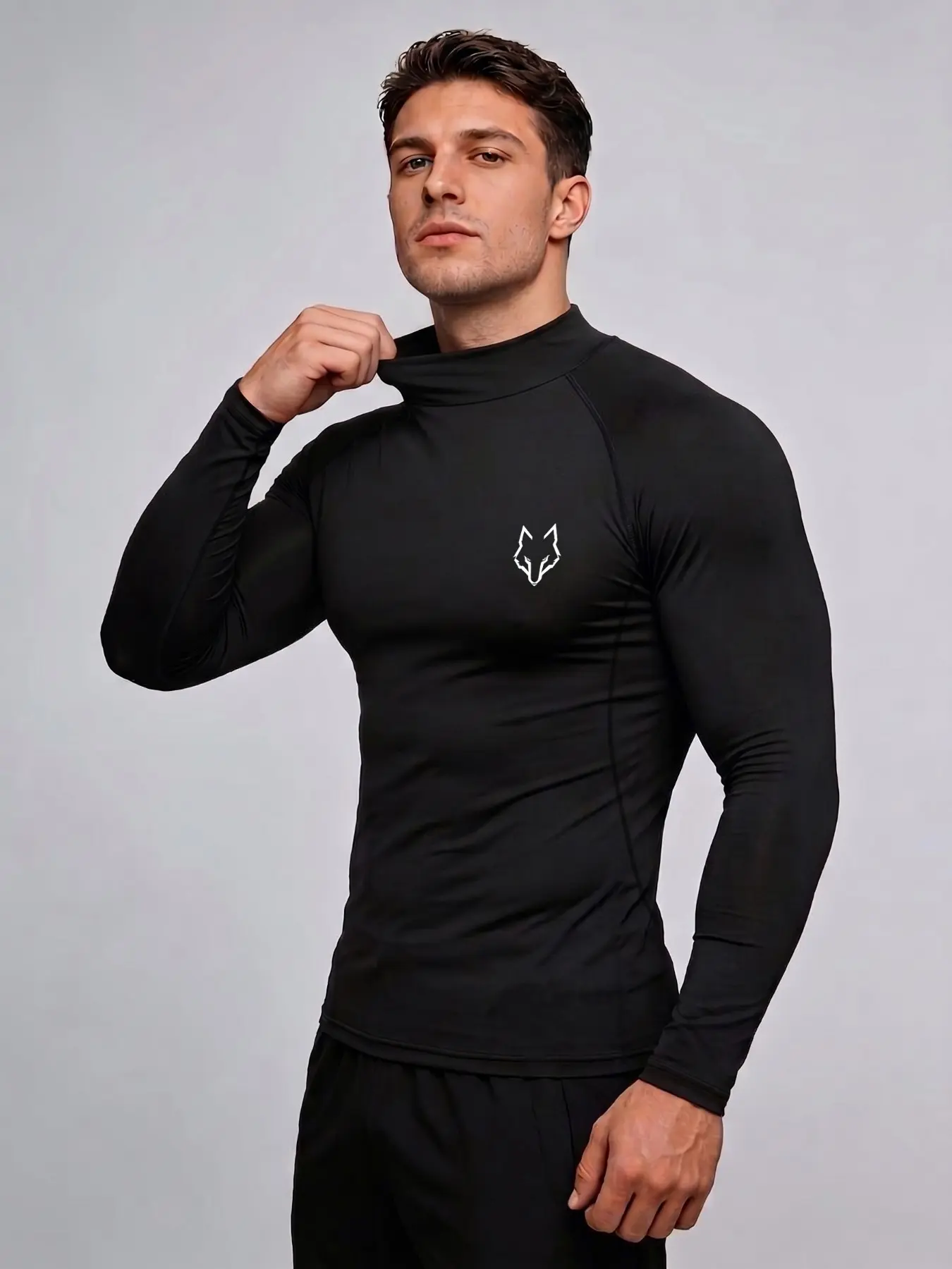 1-Pack Men's Black High-Neck Compression Shirt - Long Sleeve Workout Top Fitness Shirts with Wolf Logo for Gym, Running & Bodybuilding - Moisture Wicking & Stretchy Fitness Tee