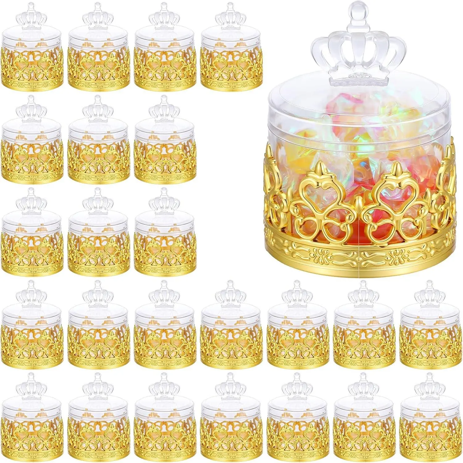 24 Pcs Small Gold Crown Candy Jars with Lids Plastic Candy Containers Storage Boxes for Wedding Baby Shower Birthday Party Favors Reusable Decorative Storage