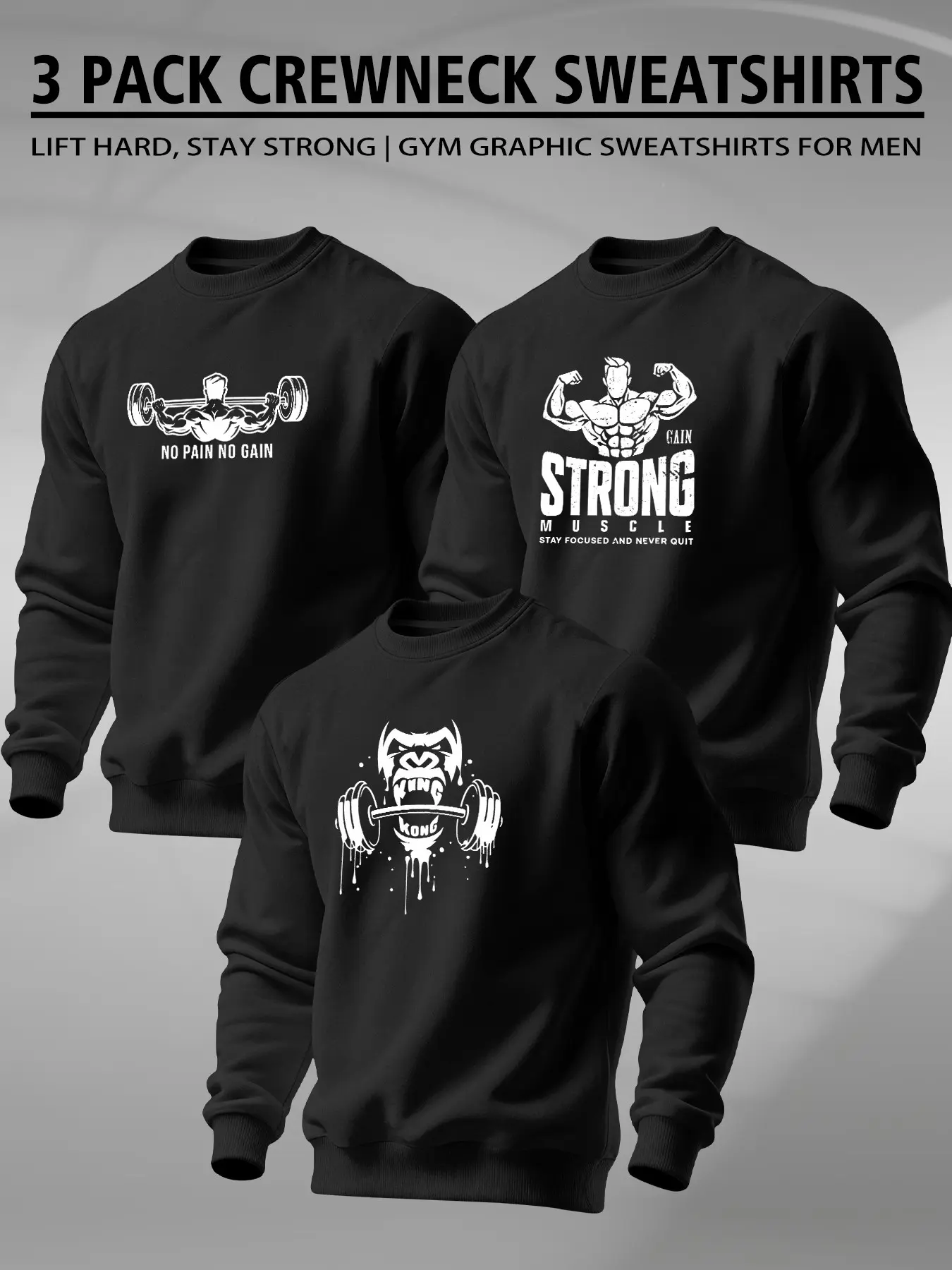 Men's 3 Pack Crewneck Sweatshirts, Gorilla Barbell Muscle Man No Pain No Gain Motivational Gym Print, Hardcore Workout Casual Long Sleeve Tops Bundle for Men