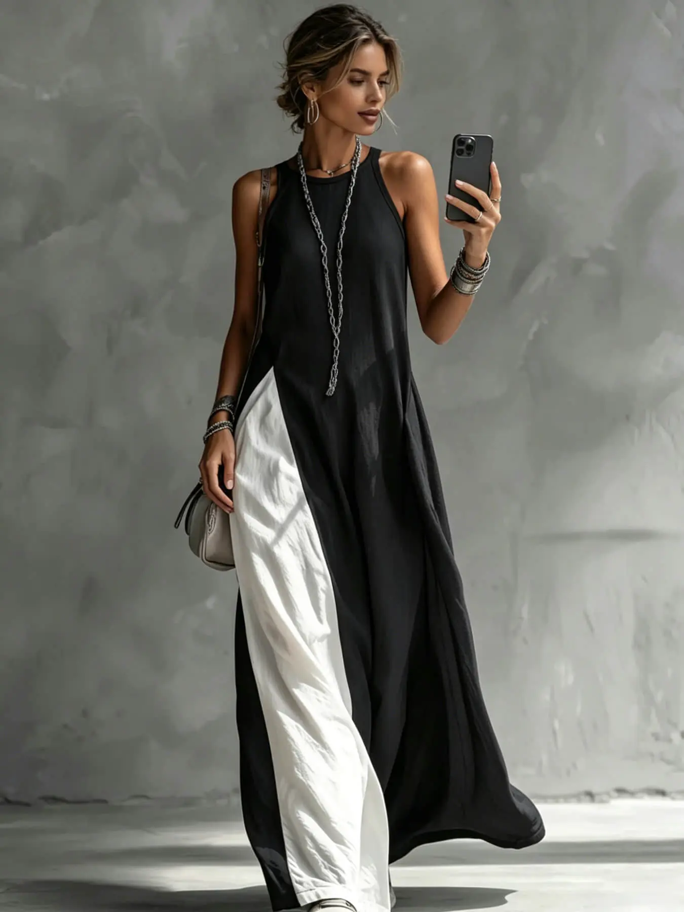A women's color-blocking dress with sleeveless vest, draping and flesh-concealing long skirt, suitable for summer, Casual summer dress, Boho Beach Dresses, Bohemian casual wear, beach vacation, dating, and enjoying afternoon tea