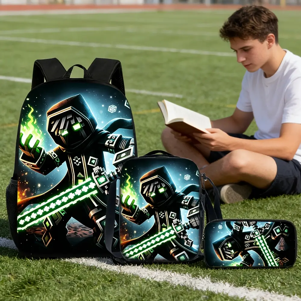 Kids' 3-Piece Durable Water-Resistant Backpack Set - School Backpack, Lunch Bag, Pencil Case - Minecraft Black Robe Mage Glowing Green Magic Pixel Starry Space Print, 600D Oxford Fabric, Breathable Straps