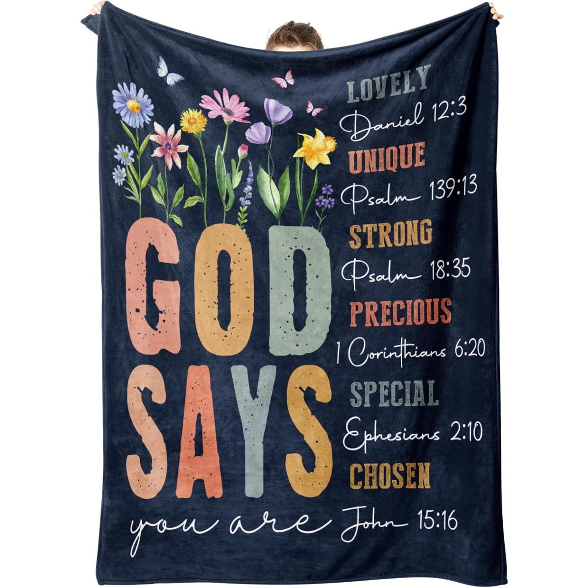 Christian God Says Scripture Floral Blanket | Inspirational Religious Gift | Perfect for Birthday Christmas Baptism Confirmation | Cozy Soft Throw for Mom Sister Friend Her