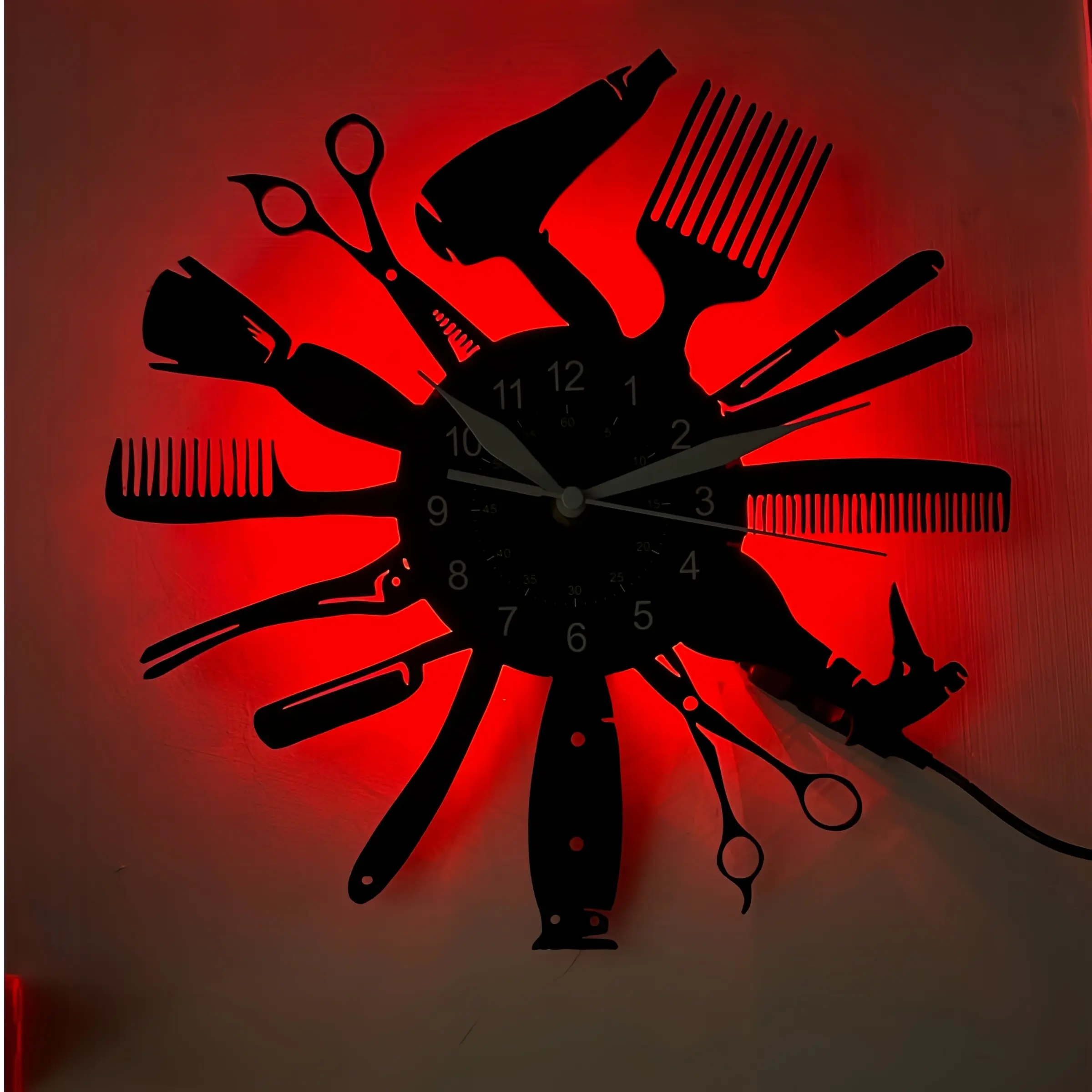 Haircut Tool LED Wall Clock, Scissor and Comb Design, Ideal for Barbers and Beauty Salons, Decorative Wall Art for Hair Studios