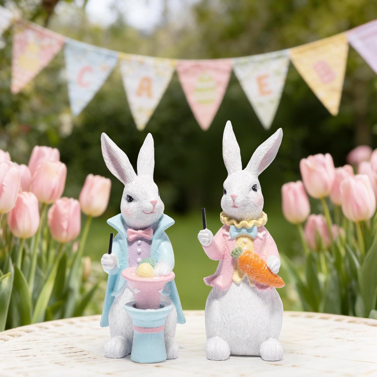 Easter Bunny Figurines Set, Whimsical Holiday Decor, Resin Tabletop Ornaments for Indoor Home Decoration, 2 Piece